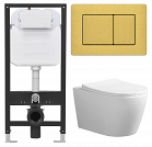 Комплект 5 в 1: Инсталляция Oliveeka + Унитаз Oliveeka Tornado + Панель смыва Oliveeka Brushed Gold (брашированное золото) + Крепёж + шумоизоляция